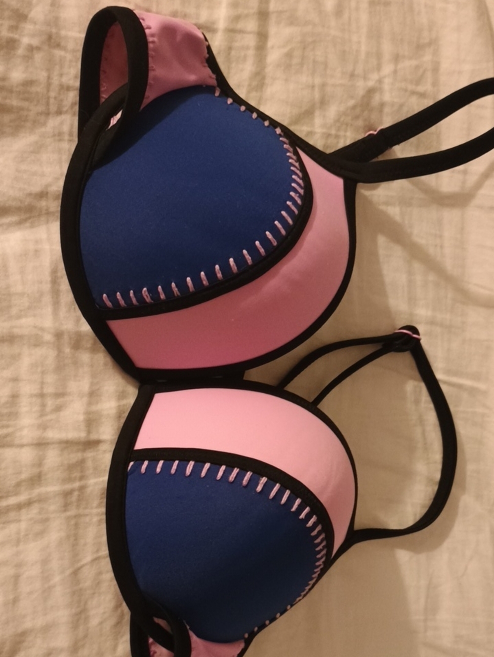 Victoria's Secret Pink and Blue Padded Bikini Top with Black Trim